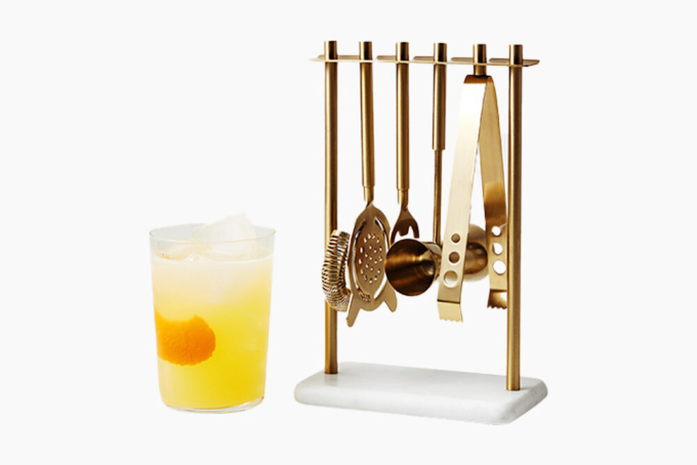 Williams Sonoma White Marble and Brass Hanging Bar Tools Set